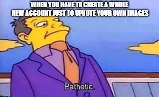 skinner pathetic | WHEN YOU HAVE TO CREATE A WHOLE NEW ACCOUNT JUST TO UPVOTE YOUR OWN IMAGES | image tagged in skinner pathetic | made w/ Imgflip meme maker