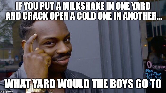 That’s an intriguing question  | IF YOU PUT A MILKSHAKE IN ONE YARD AND CRACK OPEN A COLD ONE IN ANOTHER... WHAT YARD WOULD THE BOYS GO TO | image tagged in memes,roll safe think about it,cracking open a cold one with the boys,milkshake | made w/ Imgflip meme maker