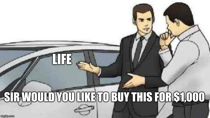 Car Salesman Slaps Roof Of Car | LIFE; SIR WOULD YOU LIKE TO BUY THIS FOR $1,000 | image tagged in memes,car salesman slaps roof of car | made w/ Imgflip meme maker