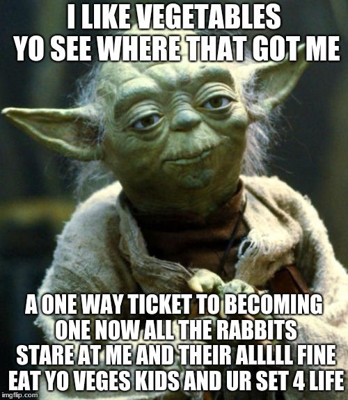 Star Wars Yoda | I LIKE VEGETABLES YO SEE WHERE THAT GOT ME; A ONE WAY TICKET TO BECOMING ONE NOW ALL THE RABBITS STARE AT ME AND THEIR ALLLLL FINE EAT YO VEGES KIDS AND UR SET 4 LIFE | image tagged in memes,star wars yoda | made w/ Imgflip meme maker