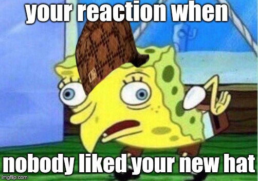 Mocking Spongebob | your reaction when; nobody liked your new hat | image tagged in memes,mocking spongebob,scumbag | made w/ Imgflip meme maker
