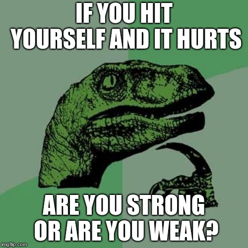 Philosoraptor Meme | IF YOU HIT YOURSELF AND IT HURTS; ARE YOU STRONG OR ARE YOU WEAK? | image tagged in memes,philosoraptor | made w/ Imgflip meme maker