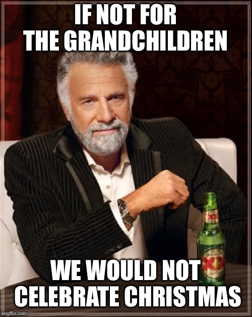The Most Interesting Man In The World Meme | IF NOT FOR THE GRANDCHILDREN WE WOULD NOT CELEBRATE CHRISTMAS | image tagged in memes,the most interesting man in the world | made w/ Imgflip meme maker
