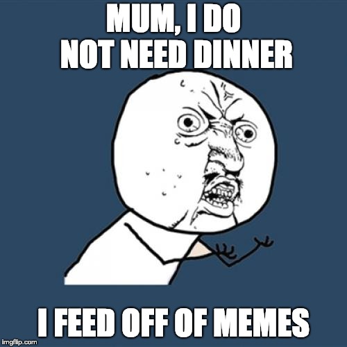 Y U No | MUM, I DO NOT NEED DINNER; I FEED OFF OF MEMES | image tagged in memes,y u no | made w/ Imgflip meme maker