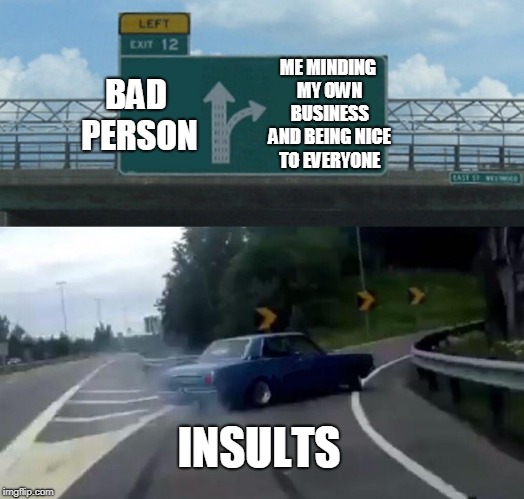 Left Exit 12 Off Ramp | ME MINDING MY OWN BUSINESS AND BEING NICE TO EVERYONE; BAD PERSON; INSULTS | image tagged in memes,left exit 12 off ramp | made w/ Imgflip meme maker