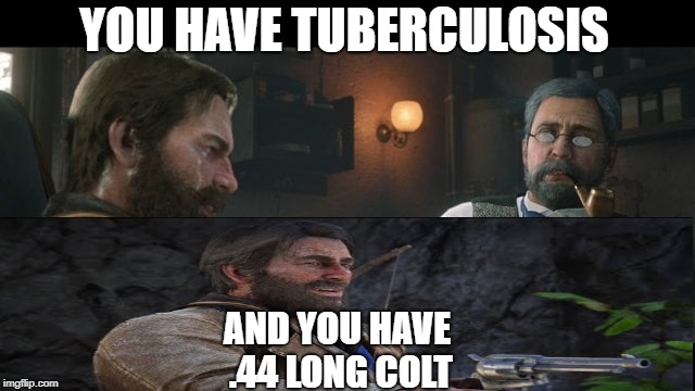 Red Dead Redemption | YOU HAVE TUBERCULOSIS; AND YOU HAVE .44 LONG COLT | image tagged in rdr2,west | made w/ Imgflip meme maker