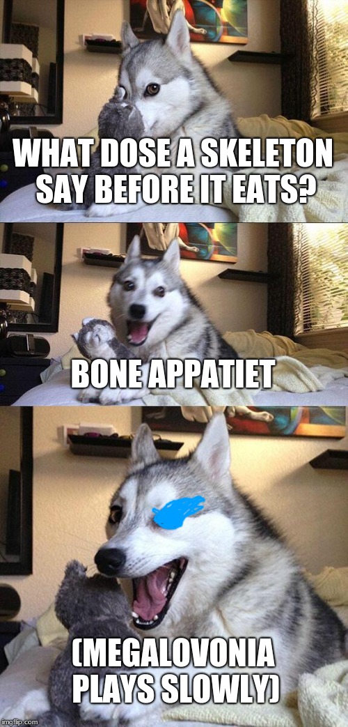 Bad Pun Dog Meme | WHAT DOSE A SKELETON SAY BEFORE IT EATS? BONE APPATIET; (MEGALOVONIA PLAYS SLOWLY) | image tagged in memes,bad pun dog | made w/ Imgflip meme maker