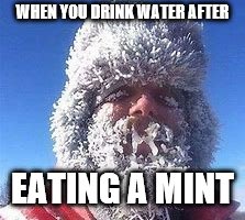 WHEN YOU DRINK WATER AFTER; EATING A MINT | image tagged in snow face | made w/ Imgflip meme maker