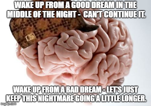 Scumbag Brain Meme | WAKE UP FROM A GOOD DREAM IN THE MIDDLE OF THE NIGHT -  CAN'T CONTINUE IT. WAKE UP FROM A BAD DREAM - LET'S JUST KEEP THIS NIGHTMARE GOING A LITTLE LONGER. | image tagged in memes,scumbag brain,AdviceAnimals | made w/ Imgflip meme maker
