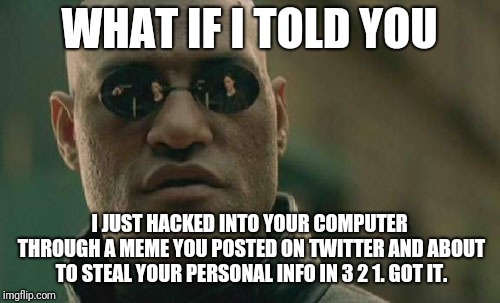 New security risk! People are hacking personal info via memes posted to Twitter through a security flaw on Twitter! Be careful. | WHAT IF I TOLD YOU; I JUST HACKED INTO YOUR COMPUTER THROUGH A MEME YOU POSTED ON TWITTER AND ABOUT TO STEAL YOUR PERSONAL INFO IN 3 2 1. GOT IT. | image tagged in memes,matrix morpheus,hacking,twitter,security | made w/ Imgflip meme maker