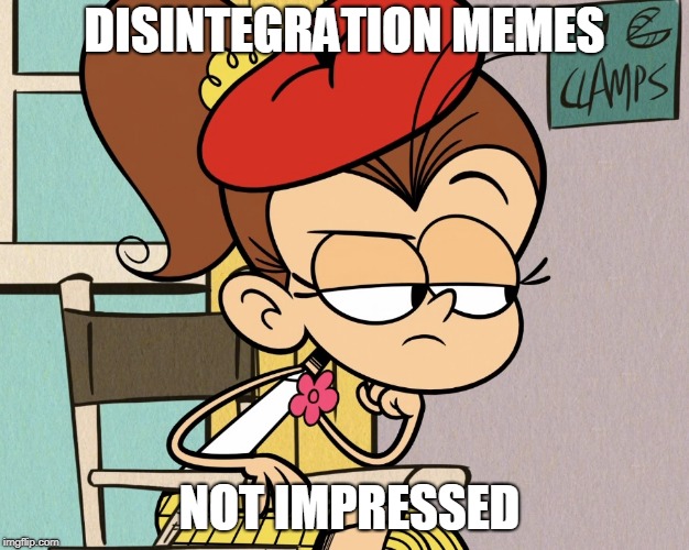 Luan unimpressed | DISINTEGRATION MEMES; NOT IMPRESSED | image tagged in luan unimpressed | made w/ Imgflip meme maker