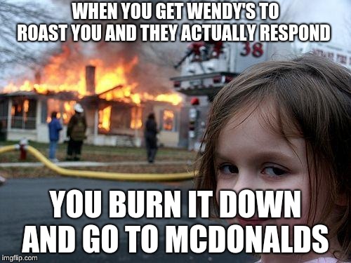 Disaster Girl | WHEN YOU GET WENDY'S TO ROAST YOU AND THEY ACTUALLY RESPOND; YOU BURN IT DOWN AND GO TO MCDONALDS | image tagged in memes,disaster girl | made w/ Imgflip meme maker
