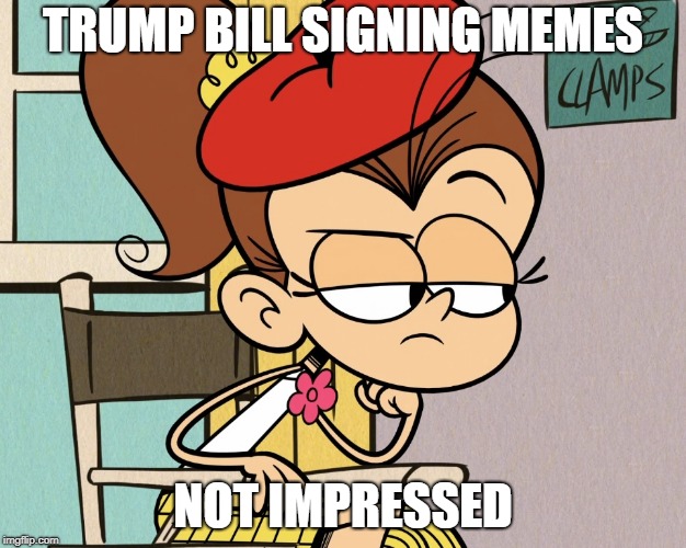 Luan unimpressed | TRUMP BILL SIGNING MEMES; NOT IMPRESSED | image tagged in luan unimpressed | made w/ Imgflip meme maker