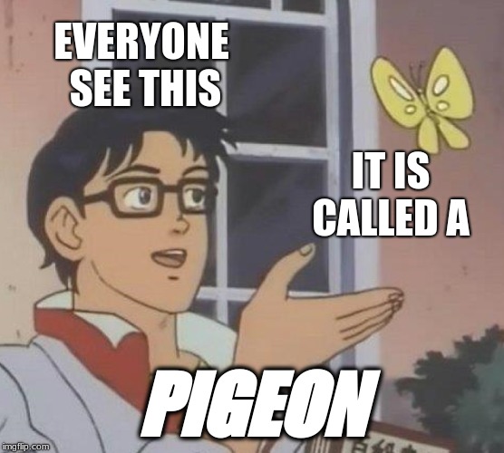 Is This A Pigeon Meme | EVERYONE SEE THIS; IT IS CALLED A; PIGEON | image tagged in memes,is this a pigeon | made w/ Imgflip meme maker