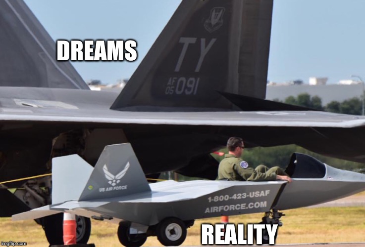 This is what life feels like | DREAMS; REALITY | image tagged in f22,expectation vs reality,money | made w/ Imgflip meme maker