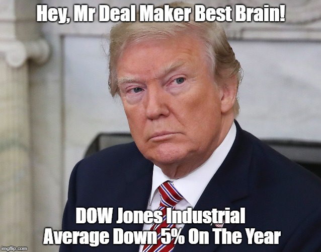 Hey, Mr Deal Maker Best Brain! DOW Jones Industrial Average Down 5% On The Year | made w/ Imgflip meme maker