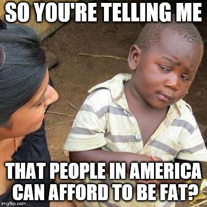 Third World Skeptical Kid Meme | SO YOU'RE TELLING ME; THAT PEOPLE IN AMERICA CAN AFFORD TO BE FAT? | image tagged in memes,third world skeptical kid | made w/ Imgflip meme maker