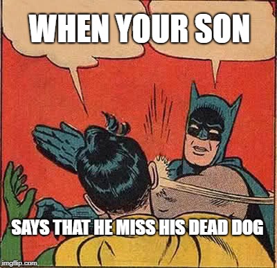 Batman Slapping Robin | WHEN YOUR SON; SAYS THAT HE MISS HIS DEAD DOG | image tagged in memes,batman slapping robin | made w/ Imgflip meme maker