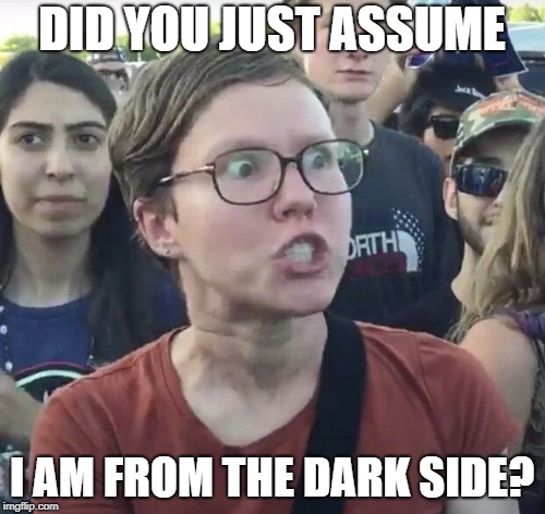 Triggered feminist | DID YOU JUST ASSUME I AM FROM THE DARK SIDE? | image tagged in triggered feminist | made w/ Imgflip meme maker
