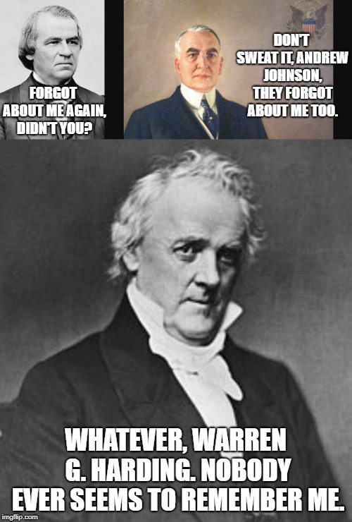 FORGOT ABOUT ME AGAIN, DIDN'T YOU? WHATEVER, WARREN G. HARDING. NOBODY EVER SEEMS TO REMEMBER ME. DON'T SWEAT IT, ANDREW JOHNSON, THEY FORGO | image tagged in james buchanan,andrew johnson,warren g harding | made w/ Imgflip meme maker