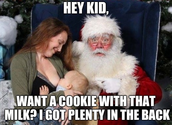 MERRY CHRISTMAS |  HEY KID, WANT A COOKIE WITH THAT MILK? I GOT PLENTY IN THE BACK | image tagged in merry christmas | made w/ Imgflip meme maker