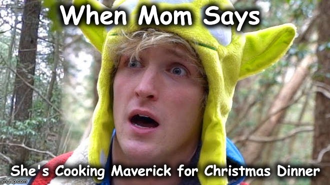 Maverick Is Going to Christmas | When Mom Says; She's Cooking Maverick for Christmas Dinner | image tagged in logan paul,memes,logan paul dead boby,christmas,toy story | made w/ Imgflip meme maker