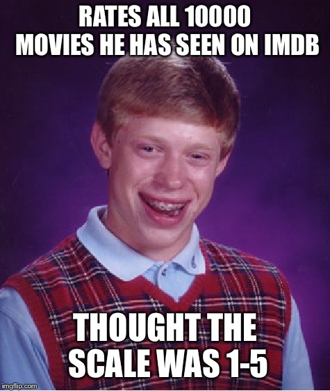 Bad Luck Brian | RATES ALL 10000 MOVIES HE HAS SEEN ON IMDB; THOUGHT THE SCALE WAS 1-5 | image tagged in memes,bad luck brian | made w/ Imgflip meme maker