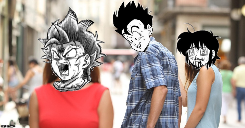 Distracted Gohan. | image tagged in dragon ball,dragon ball multiverse,videl,gohan,distracted boyfriend | made w/ Imgflip meme maker
