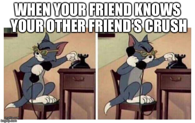 Who told me the information? We won’t tell a soon! | WHEN YOUR FRIEND KNOWS YOUR OTHER FRIEND’S CRUSH | image tagged in tom phone meme,memes,secrets | made w/ Imgflip meme maker