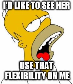 homer yummy | I'D LIKE TO SEE HER USE THAT FLEXIBILITY ON ME | image tagged in homer yummy | made w/ Imgflip meme maker