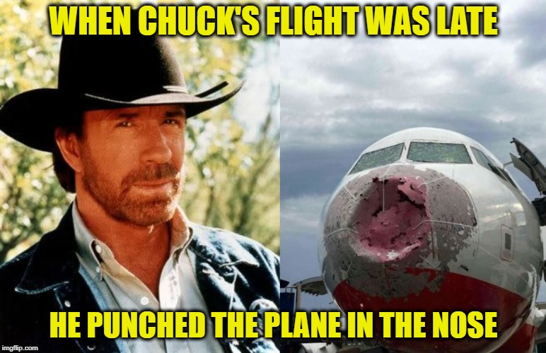 Flight Delayed | WHEN CHUCK'S FLIGHT WAS LATE; HE PUNCHED THE PLANE IN THE NOSE | image tagged in memes,chuck norris,funny memes,chuck,airplane,airport | made w/ Imgflip meme maker