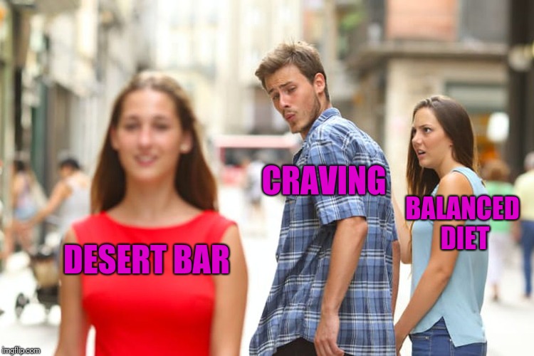 Eating Orders | CRAVING; BALANCED DIET; DESERT BAR | image tagged in distracted boyfriend,good girlfriend,cheating,eating healthy,hungry,that look | made w/ Imgflip meme maker