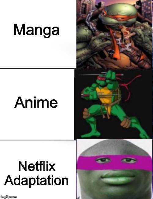 Manga; Anime; Netflix Adaptation | image tagged in teenage mutant ninja turtles,netflix adaptation | made w/ Imgflip meme maker