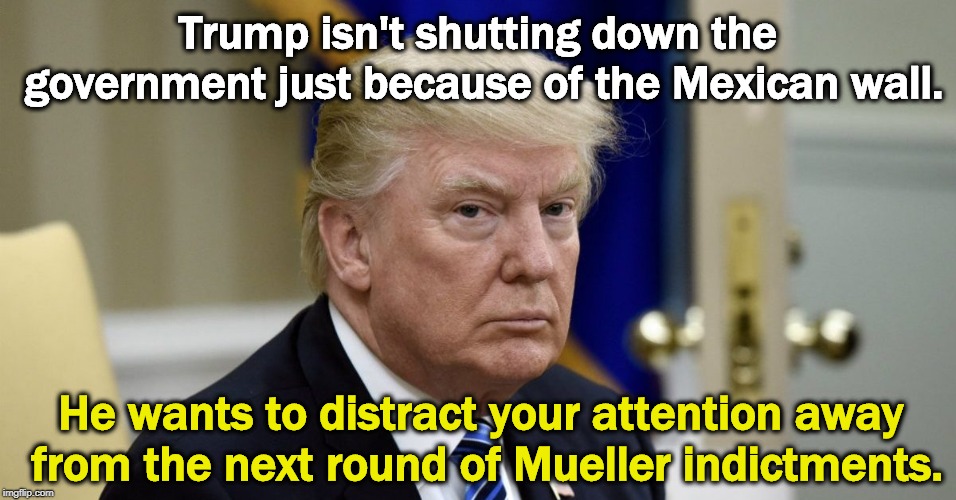 Don't look at that hand, look at THIS hand. | Trump isn't shutting down the government just because of the Mexican wall. He wants to distract your attention away from the next round of Mueller indictments. | image tagged in trump,wall,government shutdown,mueller,indictment,distraction | made w/ Imgflip meme maker