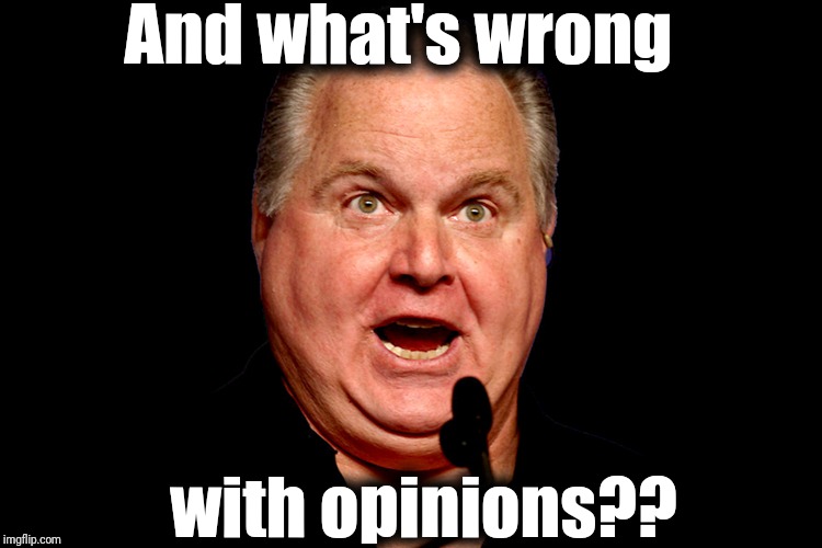 rush limbaugh | And what's wrong with opinions?? | image tagged in rush limbaugh | made w/ Imgflip meme maker