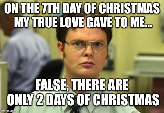 Woo-hoo! Christmas is in a week.  | ON THE 7TH DAY OF CHRISTMAS MY TRUE LOVE GAVE TO ME…; FALSE, THERE ARE ONLY 2 DAYS OF CHRISTMAS | image tagged in memes,dwight schrute,christmas,merry christmas,12 days of christmas,christmas memes | made w/ Imgflip meme maker