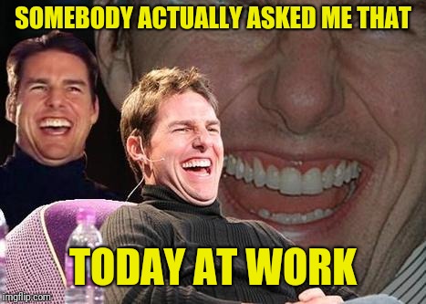 Tom Cruise laugh | SOMEBODY ACTUALLY ASKED ME THAT TODAY AT WORK | image tagged in tom cruise laugh | made w/ Imgflip meme maker