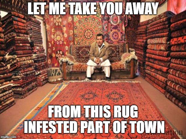 Just Say No To Rugs | LET ME TAKE YOU AWAY; FROM THIS RUG INFESTED PART OF TOWN | image tagged in carpet seller,rugs,rugs can be addictive,memes | made w/ Imgflip meme maker