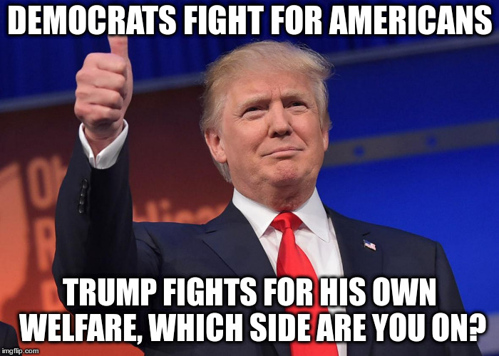 donald trump | DEMOCRATS FIGHT FOR AMERICANS TRUMP FIGHTS FOR HIS OWN WELFARE, WHICH SIDE ARE YOU ON? | image tagged in donald trump | made w/ Imgflip meme maker