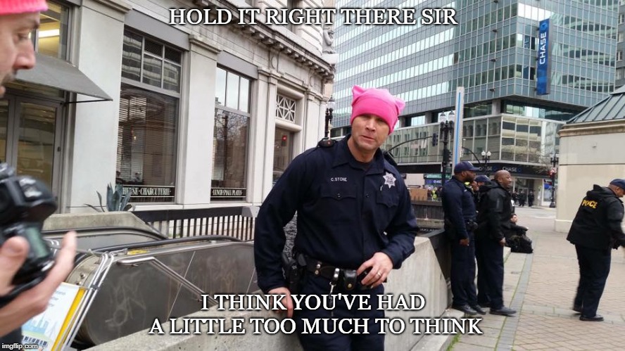 too much to think | HOLD IT RIGHT THERE SIR; I THINK YOU'VE HAD A LITTLE TOO MUCH TO THINK | image tagged in police state | made w/ Imgflip meme maker