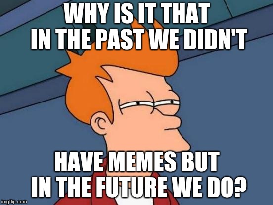 Futurama Fry Meme | WHY IS IT THAT IN THE PAST WE DIDN'T; HAVE MEMES BUT IN THE FUTURE WE DO? | image tagged in memes,futurama fry | made w/ Imgflip meme maker