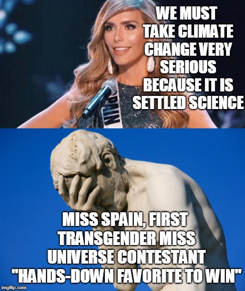 Miss Universe Pageant 2018  | WE MUST TAKE CLIMATE CHANGE VERY SERIOUS BECAUSE IT IS SETTLED SCIENCE; MISS SPAIN, FIRST TRANSGENDER MISS UNIVERSE CONTESTANT "HANDS-DOWN FAVORITE TO WIN" | image tagged in face palm statue,miss universe,miss spain,fake quote,settled science,memes | made w/ Imgflip meme maker