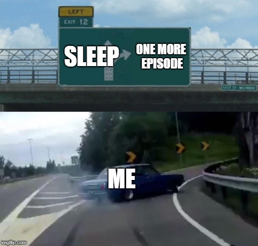 Left Exit 12 Off Ramp Meme | SLEEP; ONE MORE EPISODE; ME | image tagged in memes,left exit 12 off ramp | made w/ Imgflip meme maker