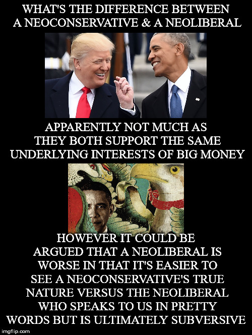 The Difference... | WHAT'S THE DIFFERENCE BETWEEN A NEOCONSERVATIVE & A NEOLIBERAL; APPARENTLY NOT MUCH AS THEY BOTH SUPPORT THE SAME UNDERLYING INTERESTS OF BIG MONEY; HOWEVER IT COULD BE ARGUED THAT A NEOLIBERAL IS WORSE IN THAT IT'S EASIER TO SEE A NEOCONSERVATIVE'S TRUE NATURE VERSUS THE NEOLIBERAL WHO SPEAKS TO US IN PRETTY WORDS BUT IS ULTIMATELY SUBVERSIVE | image tagged in neoconservative,neoliberal,neoliberalism,big money,true nature,subversive | made w/ Imgflip meme maker