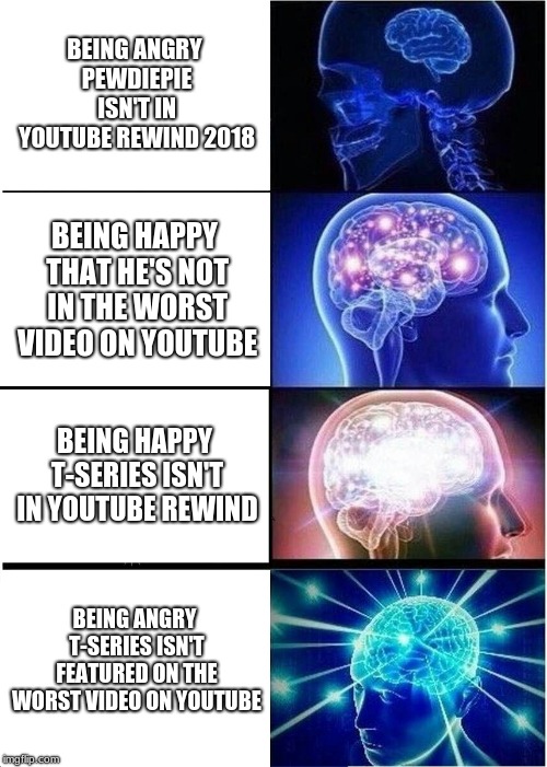 Expanding Brain Meme | BEING ANGRY PEWDIEPIE ISN'T IN YOUTUBE REWIND 2018; BEING HAPPY THAT HE'S NOT IN THE WORST VIDEO ON YOUTUBE; BEING HAPPY T-SERIES ISN'T IN YOUTUBE REWIND; BEING ANGRY T-SERIES ISN'T FEATURED ON THE WORST VIDEO ON YOUTUBE | image tagged in memes,expanding brain | made w/ Imgflip meme maker