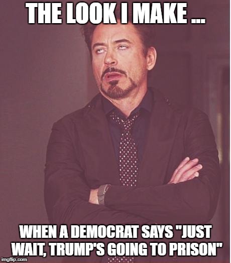 Face You Make Robert Downey Jr | THE LOOK I MAKE ... WHEN A DEMOCRAT SAYS "JUST WAIT, TRUMP'S GOING TO PRISON" | image tagged in memes,face you make robert downey jr | made w/ Imgflip meme maker