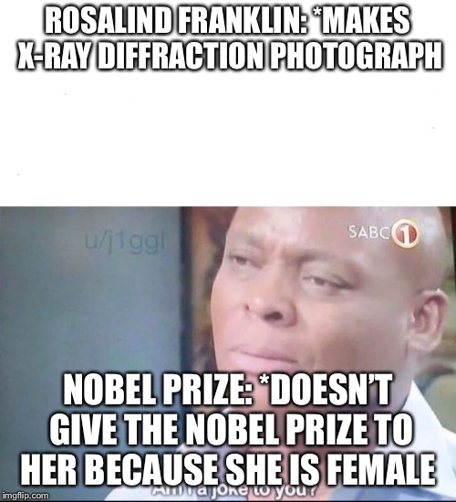 am I a joke to you | ROSALIND FRANKLIN: *MAKES X-RAY DIFFRACTION PHOTOGRAPH; NOBEL PRIZE: *DOESN’T GIVE THE NOBEL PRIZE TO HER BECAUSE SHE IS FEMALE | image tagged in am i a joke to you | made w/ Imgflip meme maker