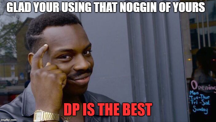 Roll Safe Think About It | GLAD YOUR USING THAT NOGGIN OF YOURS; DP IS THE BEST | image tagged in memes,roll safe think about it | made w/ Imgflip meme maker