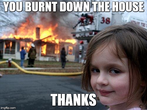 Disaster Girl | YOU BURNT DOWN THE HOUSE; THANKS | image tagged in memes,disaster girl | made w/ Imgflip meme maker