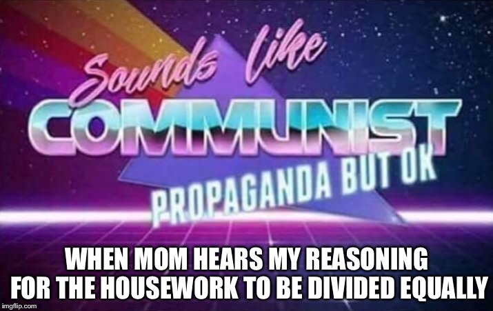 Sounds Like Communist Propaganda But Ok | WHEN MOM HEARS MY REASONING FOR THE HOUSEWORK TO BE DIVIDED EQUALLY | image tagged in memes,communism | made w/ Imgflip meme maker